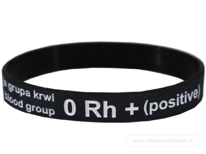 20cm Opaska, bransoletka silikonowa z grupą krwi 0 Rh+(dodatni) rozmiar 20cm