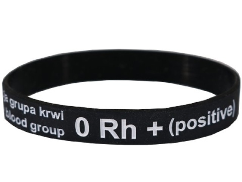 20cm Opaska, bransoletka silikonowa z grupą krwi 0 Rh+(dodatni) rozmiar 20cm